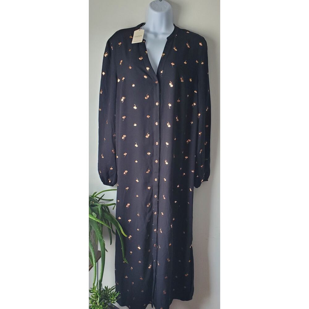 Oasis NWT Womens Black Long Sleeve Gold Print Shirt Dress Size 14 Casual Office
